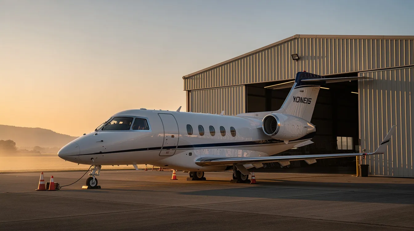 A compact private jet, specifically a Cirrus Vision Jet, is parked beside a small airport hangar as the sun rises, casting a warm glow over the scene. This light jet, designed for single pilot operation, exemplifies modern aviation with its advanced safety features and fuel efficiency, making it an ideal choice for personal aviation and regional trips.