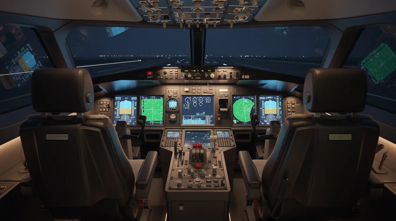The image depicts a modern private jet cockpit, featuring advanced avionics screens that are illuminated, alongside comfortable pilot seats designed for single pilot operation. This sleek flight deck exemplifies the cutting-edge technology found in compact light jets, such as the Cirrus Vision Jet, enhancing safety and operational efficiency in private aviation.