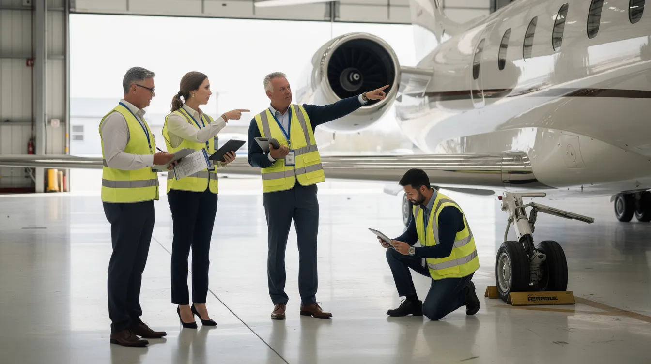A group of business aviation professionals is gathered on the hangar floor, reviewing a private jet while discussing its maintenance records and operating costs. They are considering key factors such as the aircraft's maintenance history and total flight hours to make an informed decision about potential ownership or investment in pre-owned aircraft.