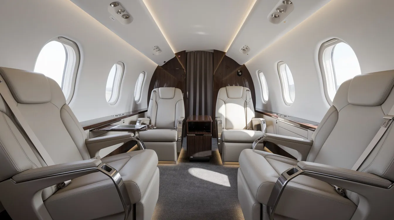 The image features a modern private jet cabin, showcasing luxurious leather seats bathed in natural light, creating an inviting atmosphere for passengers. This elegant interior reflects the comfort and sophistication associated with private aviation, ideal for those considering investing in luxury private jets.