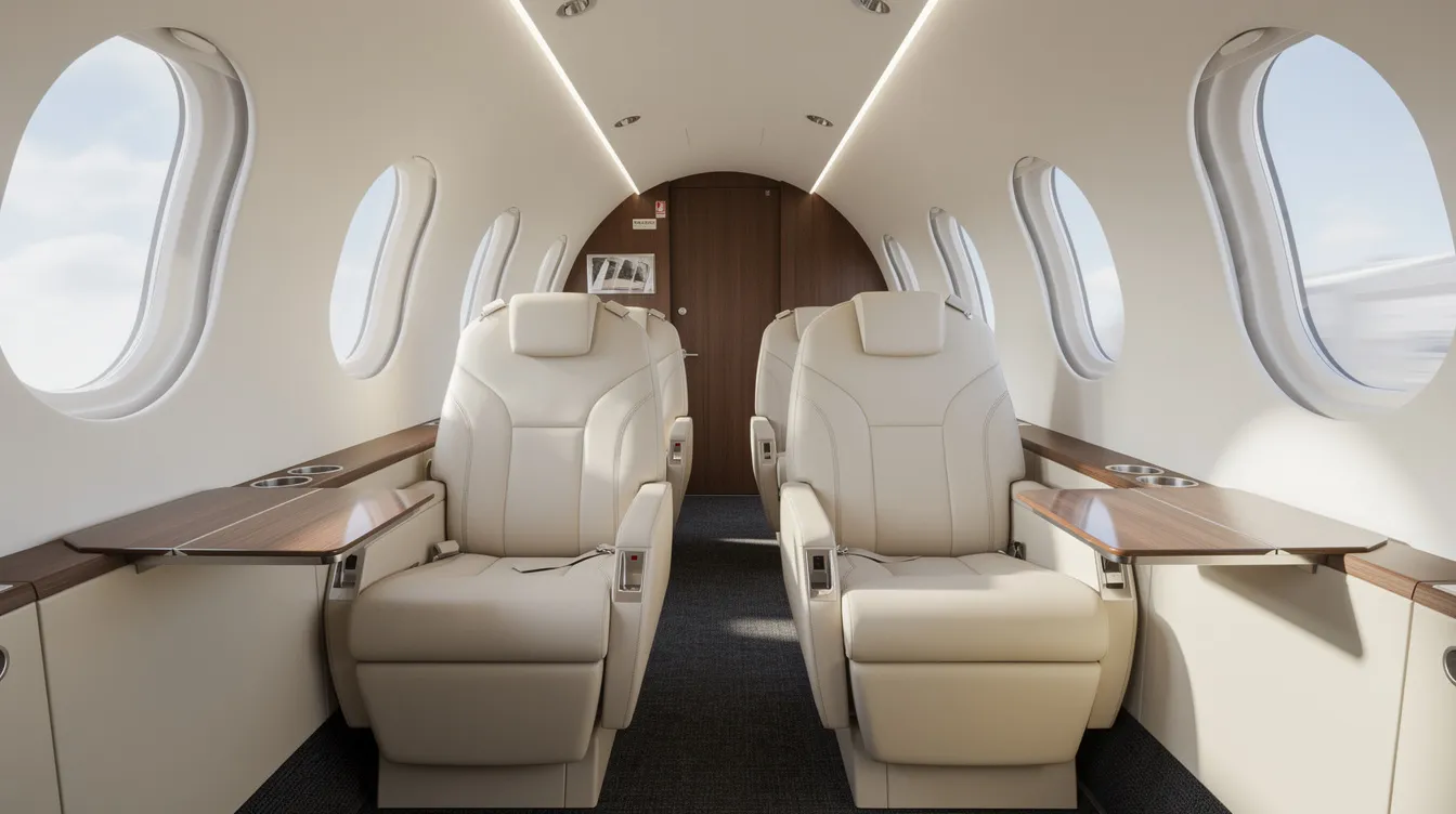 The image depicts a modern small jet cabin featuring luxurious leather seats and elegant oval windows, designed for up to nine passengers. This spacious cabin exemplifies the comfort and style associated with private aviation and very light jets, making it ideal for business travelers seeking a high-quality flying experience.