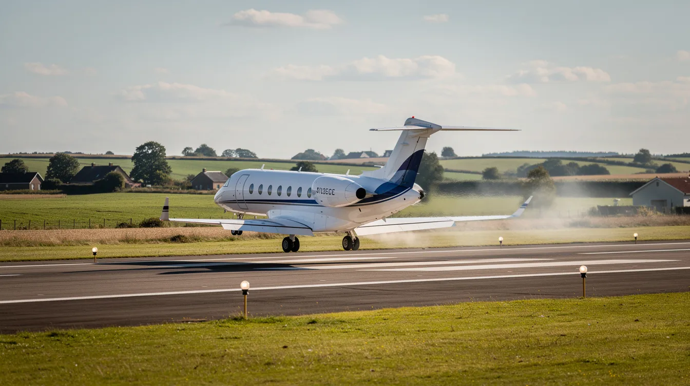 A small private jet, likely a very light jet, is taking off from a regional runway, with a picturesque countryside in the background. The aircraft, designed for single pilot operation, signifies the essence of private aviation and offers spacious cabin space for its passengers.