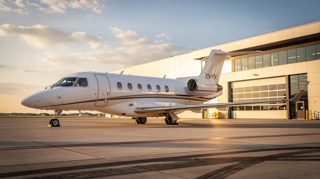 A small private jet, resembling a very light jet, is parked on a ramp next to a modern hangar, showcasing its compact design ideal for business aviation. This aircraft is available for sale, offering reliable performance and comfort for passengers, making it a sought-after option in the market.