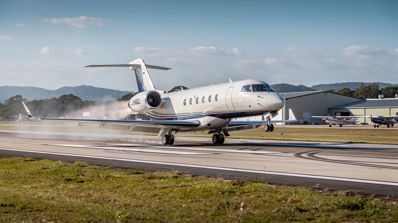A compact business jet, resembling a very light jet, is taking off from a regional airport runway, showcasing its efficient performance and reliability for private aviation. This aircraft is ideal for business travelers seeking comfort and quick travel options.
