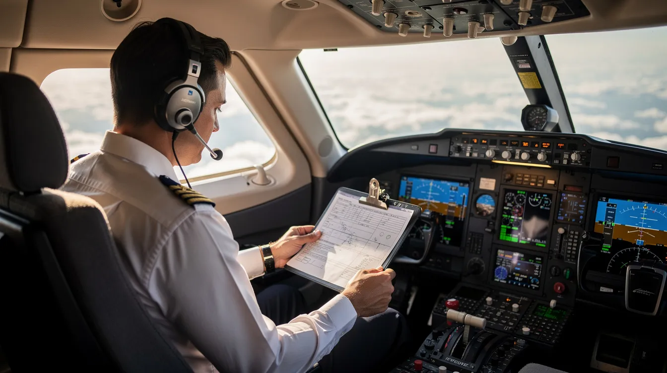 A pilot is seated in the cockpit of a small jet, reviewing important documents related to the flight. The interior showcases the compact design typical of very light jets, emphasizing the efficiency and reliability required for business aviation.