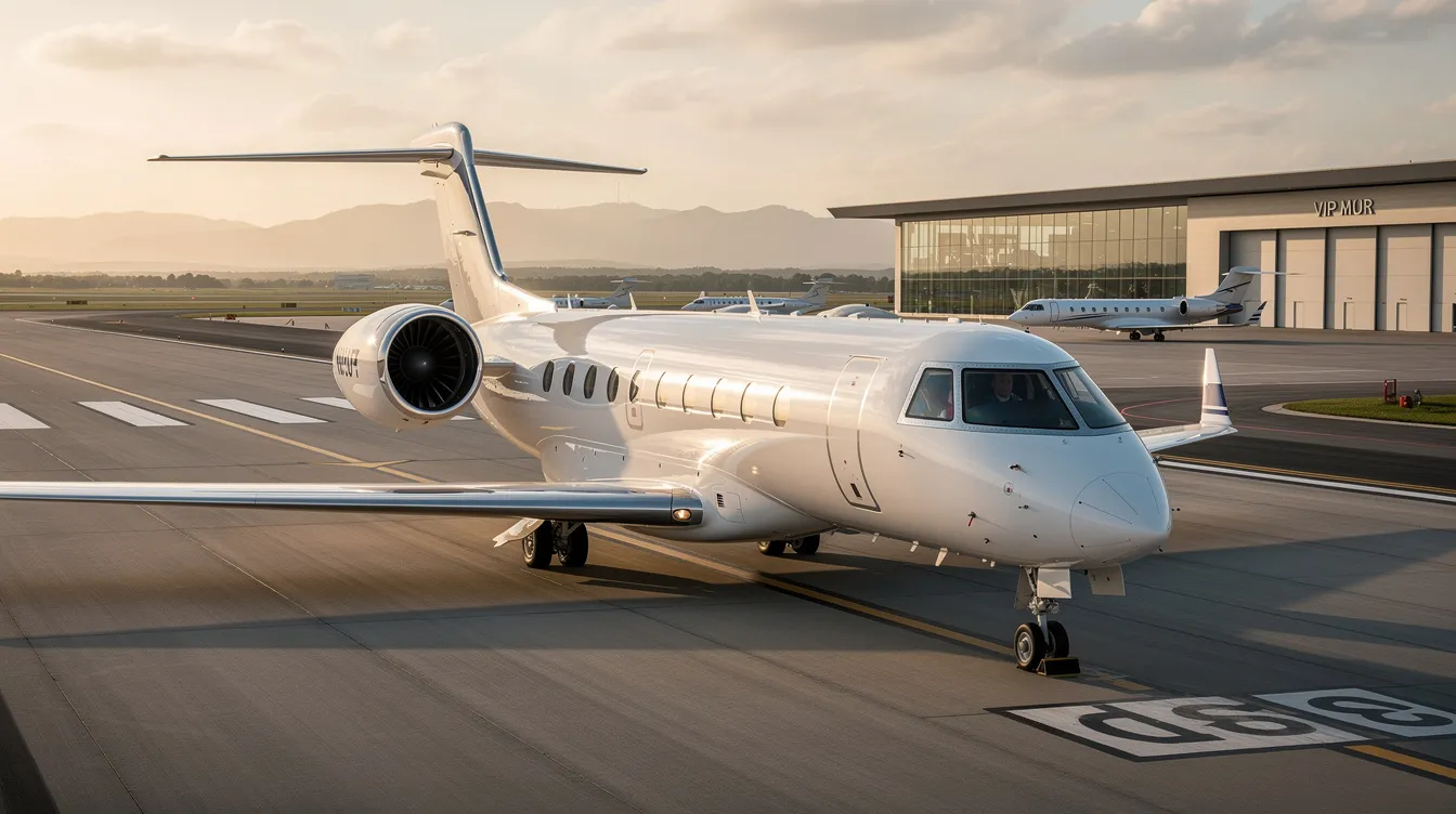 The image depicts a sleek private jet on the tarmac, showcasing its new paint and polished exterior, symbolizing the luxury and efficiency of the aviation industry. This aircraft is part of a selection of private jets for sale, catering to customers looking to invest in high-quality aircraft with a commitment to pre-purchase inspection and detailed inventory for informed decision-making.