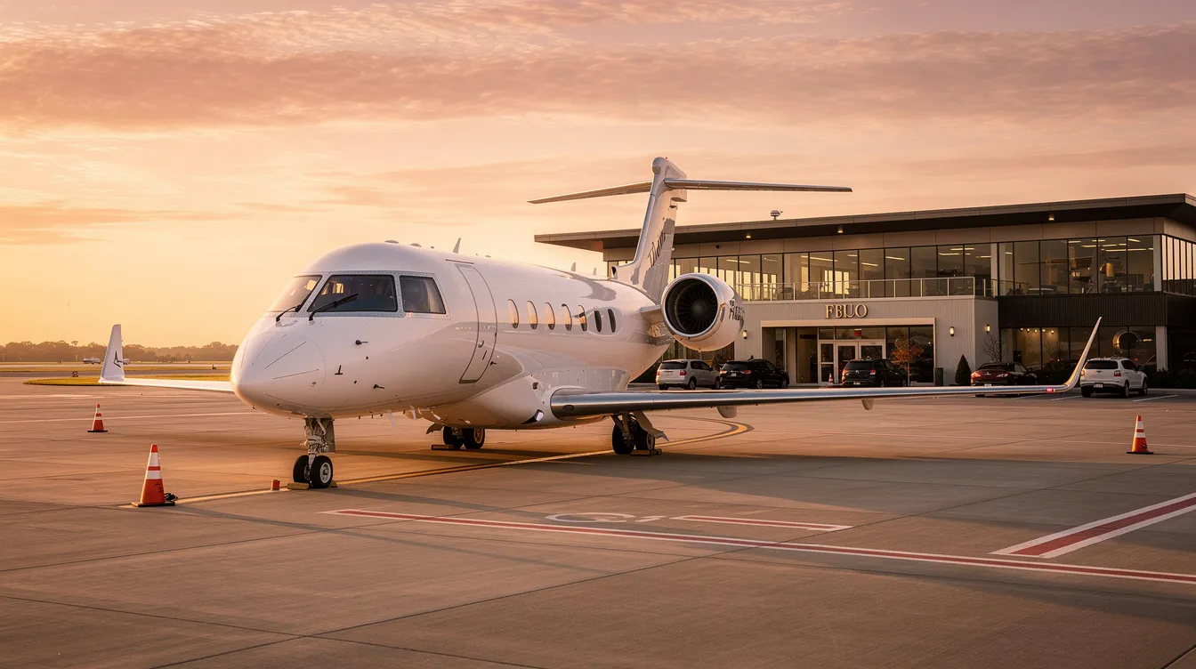 A modern luxury private jet is parked on an executive airport ramp, bathed in the warm hues of a sunset. This aircraft, designed for maximum comfort and efficiency, showcases sleek lines and spacious interiors, making it an ideal choice for travelers seeking a flying palace experience.
