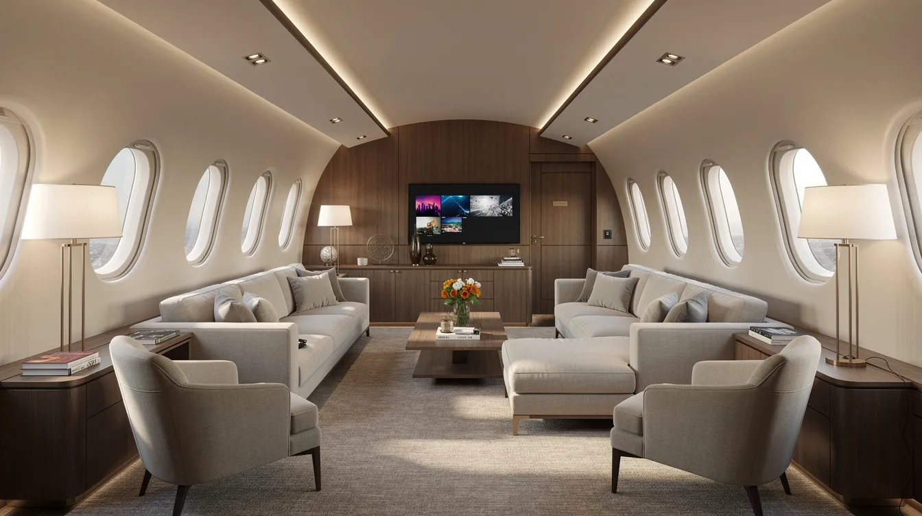 The image depicts a luxurious executive airliner cabin lounge featuring spacious residential seating designed for maximum comfort. This elegant interior is perfect for travelers seeking a flying palace experience, complete with amenities that cater to their every need during flight.