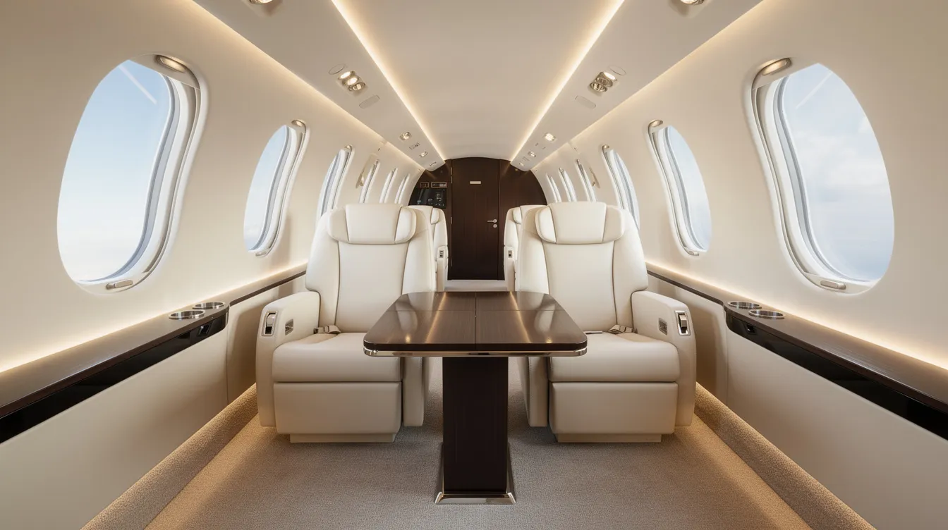 The image depicts a refined luxury private jet cabin featuring club seating and large windows, designed for maximum comfort and elegance. The spacious interior is perfect for travelers seeking an exclusive flying experience, complete with amenities that cater to their every need.