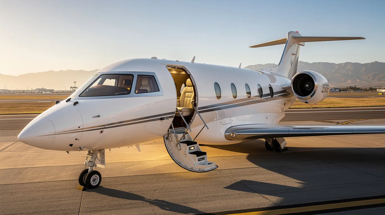 The image showcases a luxurious private jet, featuring a spacious and elegantly designed cabin equipped with advanced entertainment systems and a fully equipped galley. This flying palace exemplifies the pinnacle of private aviation, catering to business and leisure travelers with unparalleled luxury and comfort.