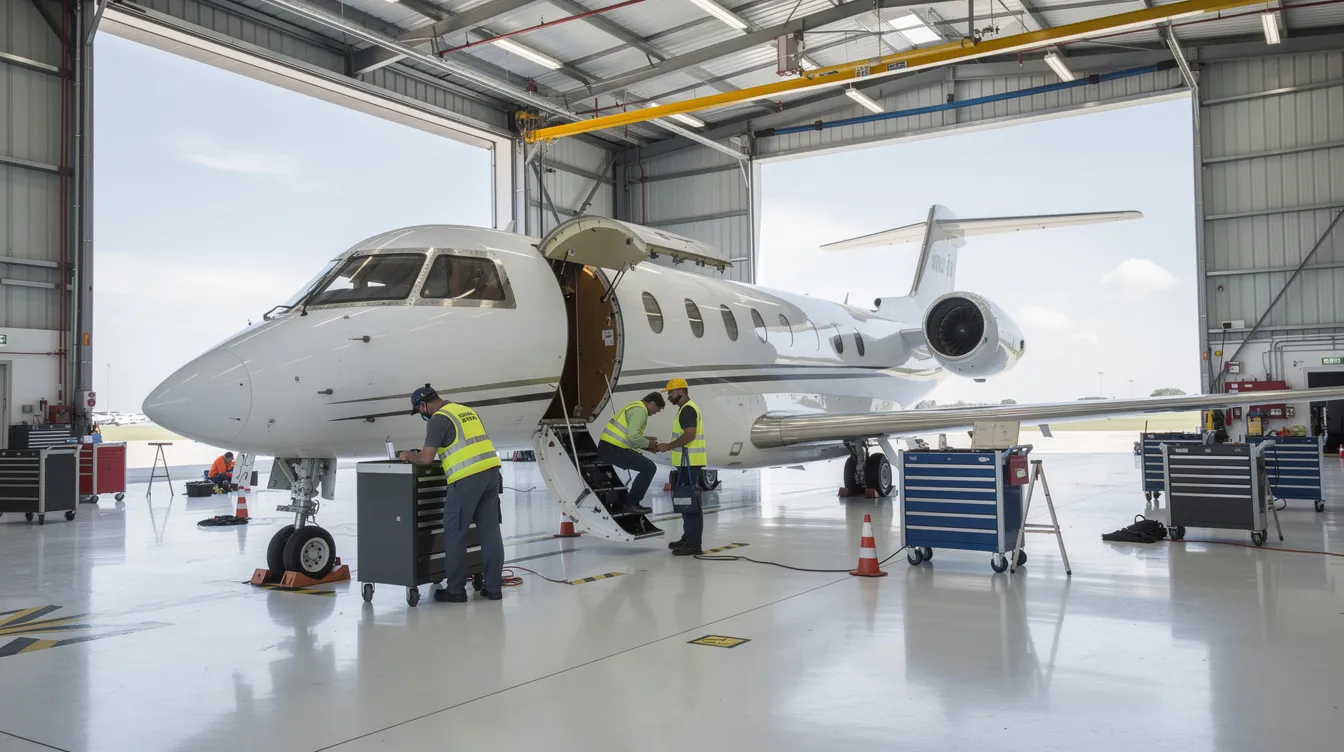 The image depicts a private jet undergoing a maintenance inspection in a clean and spacious aircraft hangar, showcasing the meticulous care required for luxury private jets. The environment reflects the standards of private aviation, ensuring that the aircraft is ready for its next flight, whether for business or leisure travelers.