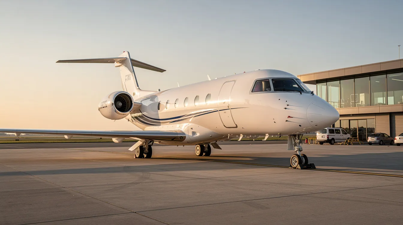 A sleek private jet is parked on a quiet executive airport ramp, showcasing its polished exterior and modern design, highlighting the allure of private aviation and the significant investment involved in private jet ownership. The serene setting emphasizes the convenience and control that come with owning a private aircraft, allowing for tailored travel schedules and unparalleled comfort.