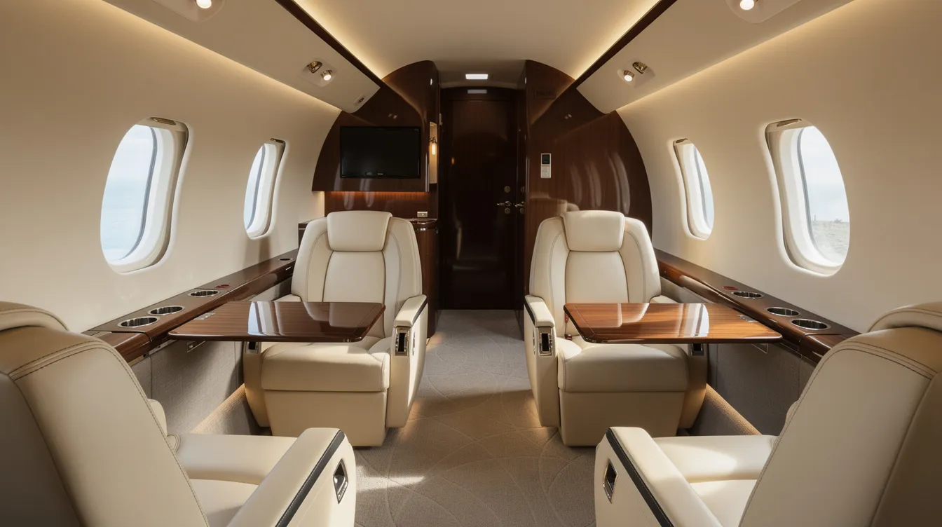 The image shows an executive cabin inside a private jet, featuring luxurious club seating designed for comfort and style. This private aircraft offers an unparalleled convenience for business travel, allowing owners to fly on their own schedule while enjoying the benefits of private aviation.