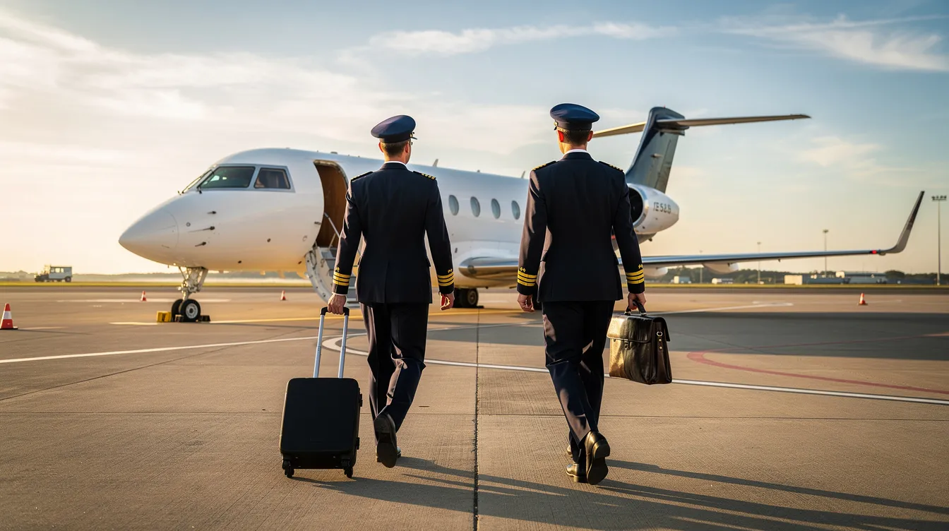 Two pilots are walking across an airport ramp towards a sleek business jet, highlighting the world of private aviation and the significant investment involved in private jet ownership. The scene captures the essence of owning a private aircraft, emphasizing the convenience and control it offers for personalized travel schedules.