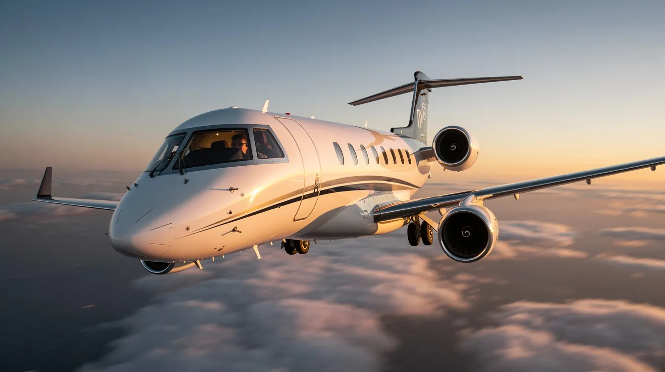 The image depicts a sleek private jet parked on a runway, showcasing its luxurious design and high-quality finish. This very driven person’s mode of transport symbolizes a life of great achievement and joy, ready for takeoff to the very best destinations.