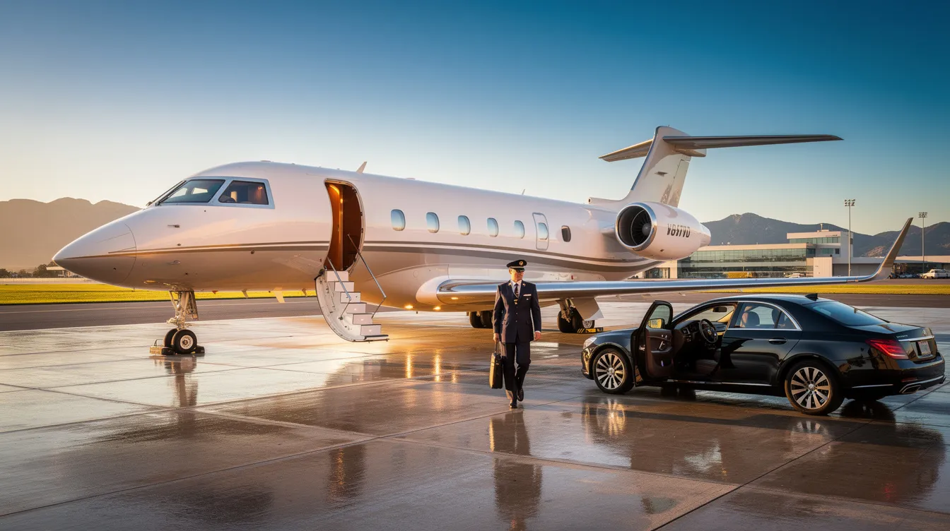 The image depicts a luxurious private jet parked on a tarmac, showcasing its sleek design and high-quality features, embodying the essence of private jet aviation. The scene conveys a sense of exclusivity and sophistication, appealing to the very driven person seeking the best in travel experiences.