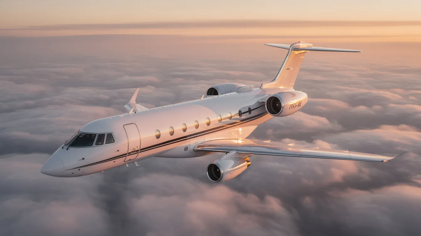 The image depicts a sleek private jet parked on a runway, showcasing its luxurious design and high-quality finish. This very driven person’s mode of transport symbolizes a life of great achievement and joy, ready for takeoff to the very best destinations.