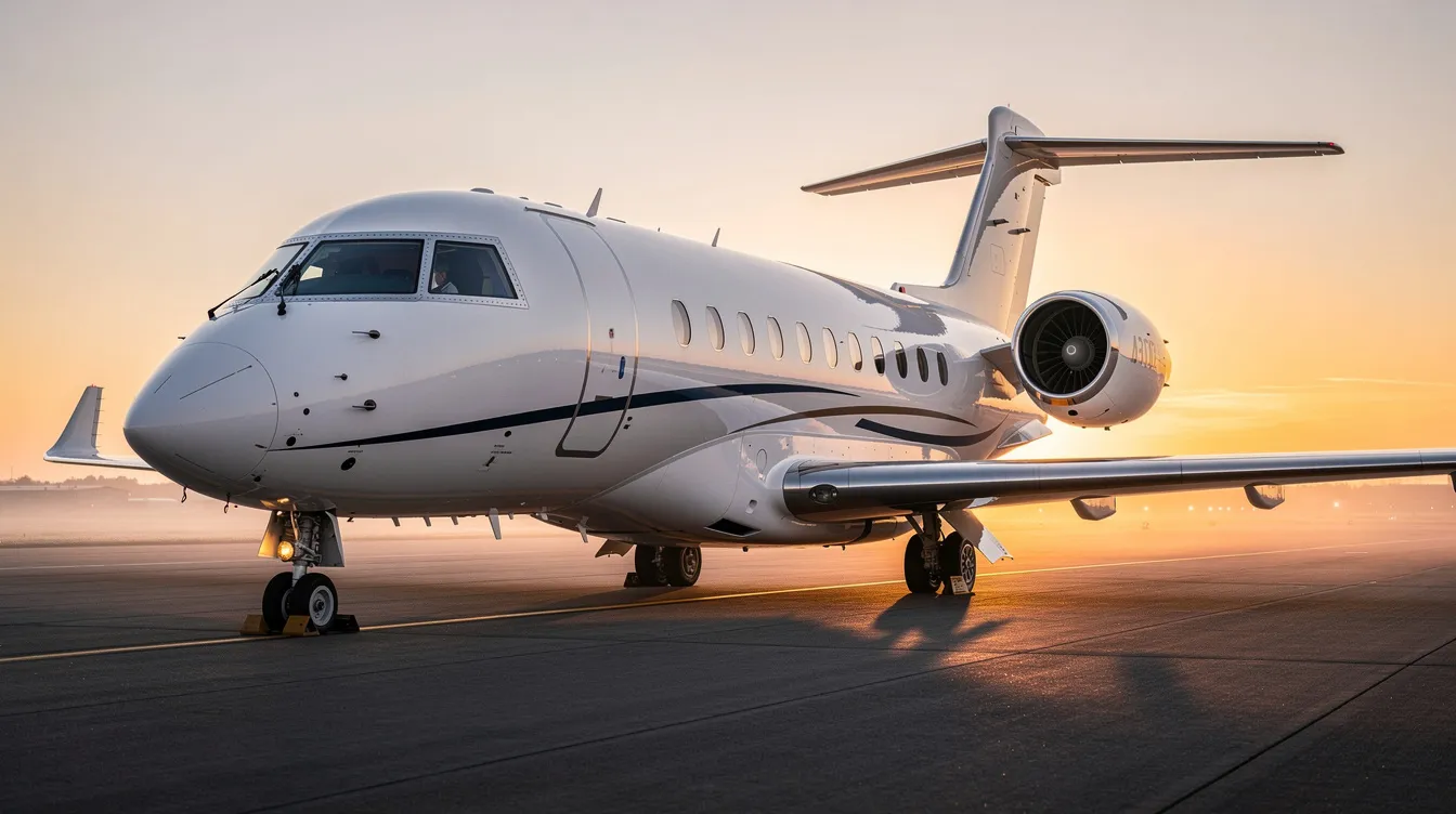 An ultra-long-range business jet is positioned on a runway at dawn, showcasing its sleek design and luxury features. This aircraft, ideal for business aviation, offers exceptional range and spacious cabin space for up to eight passengers, making it a top choice for long hauls in the skies.