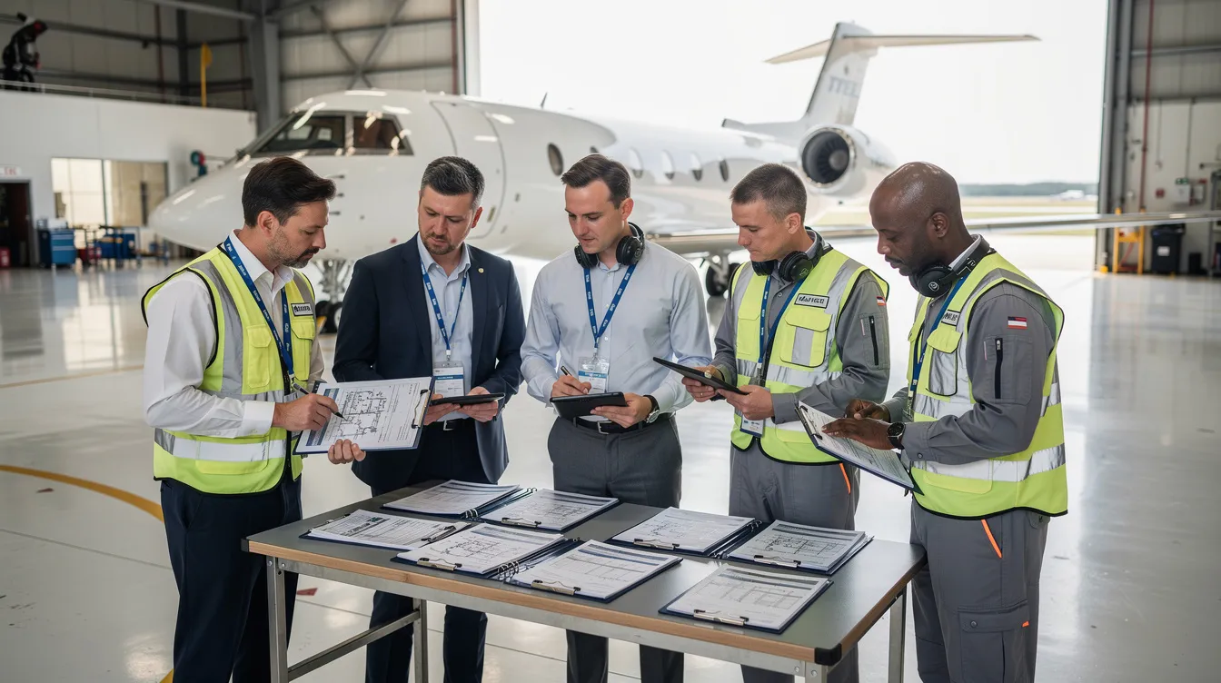 In a spacious hangar, business aviation professionals are intently reviewing aircraft documents related to luxury private jets, including features and specifications of the latest models like the Bombardier Global 8000 and Global 7500. The scene showcases the importance of meticulous planning in the business aviation industry, highlighting aspects such as maximum takeoff weight and cabin space for optimal passenger comfort.