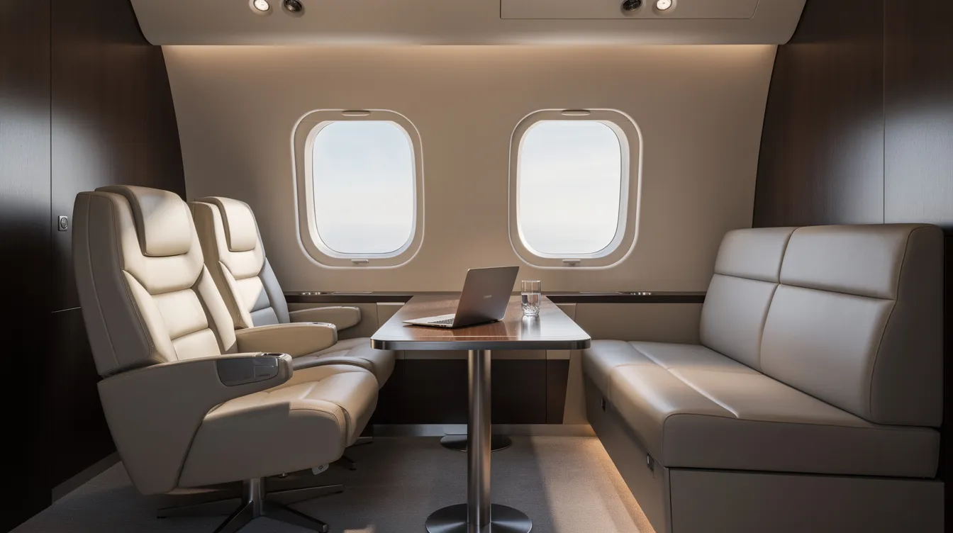 The image depicts a quiet executive cabin of a luxury private jet, featuring comfortable seating and soft natural light filtering through the windows, creating a serene atmosphere ideal for business aviation. This spacious cabin is designed to accommodate up to eight passengers, making it perfect for long-range flights while providing an exceptional level of comfort and style.