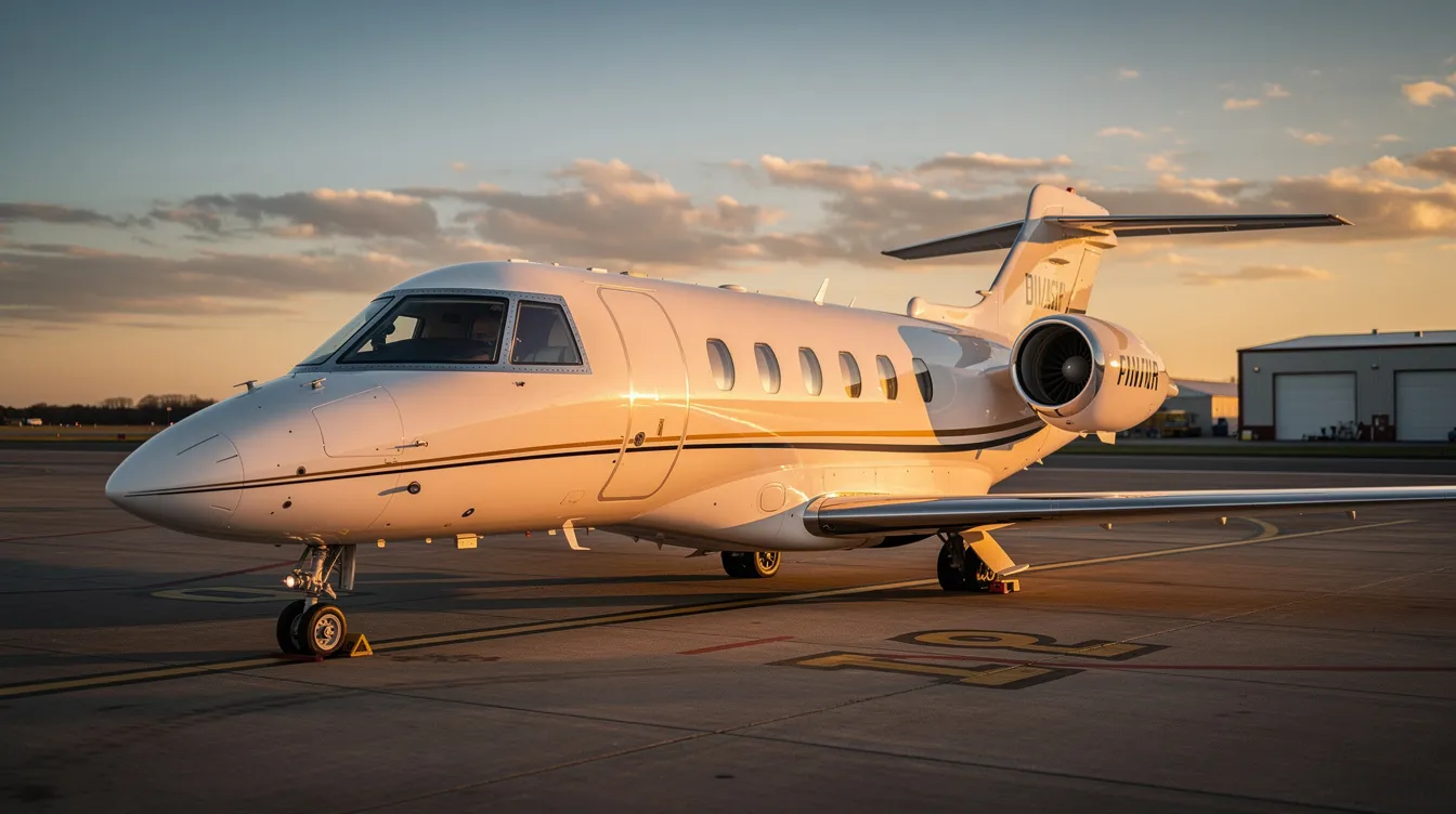 A compact private jet, specifically a Cirrus Vision Jet, is parked on a regional airport ramp, bathed in the warm hues of sunset. This very light jet, designed for single pilot operation, offers a spacious cabin for up to six passengers, making it an affordable option in the private aviation industry.
