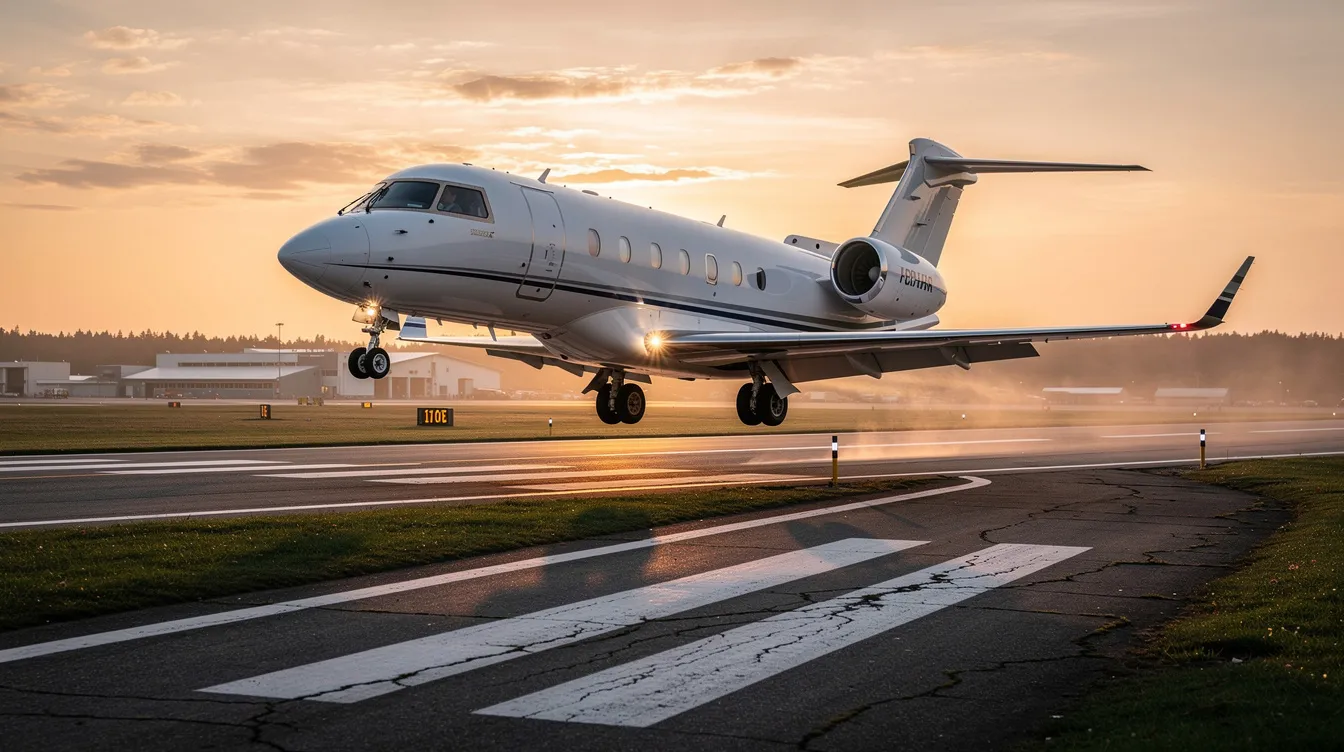 A modern compact business jet, resembling a Cirrus Vision Jet, is taking off from a short regional runway, showcasing its capability for single pilot operation and efficiency. This very light jet is designed for up to six passengers, making it an ideal choice for private aviation and cross country flights.