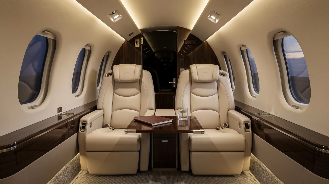The image depicts an executive cabin of a luxury private jet, featuring plush club seats and soft, ambient lighting that creates an inviting atmosphere for passengers. This opulent space highlights the bespoke amenities and comfort expected in high-end private aircraft, ideal for business or leisure travel.