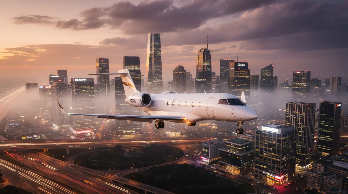 A luxury private jet is taking off against a backdrop of a vibrant city skyline, showcasing the opulence of private aircraft ownership. The scene captures the essence of business aviation, highlighting the convenience and speed of flying in ultra-long range jets.