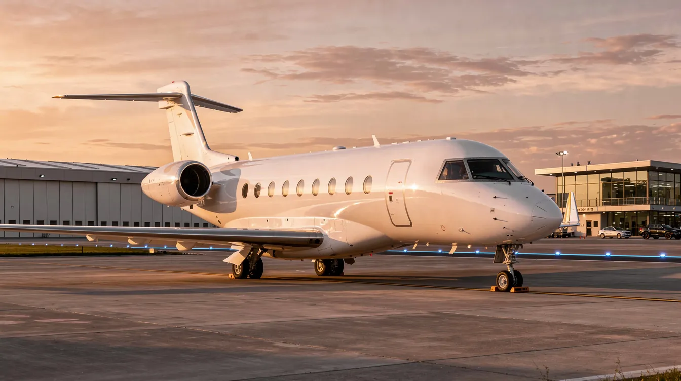 A large private jet is parked on the executive airport ramp, bathed in the warm hues of sunset. This ultra long range aircraft stands ready for transatlantic private jet flights, offering business travellers a smooth and enjoyable journey across the Atlantic.