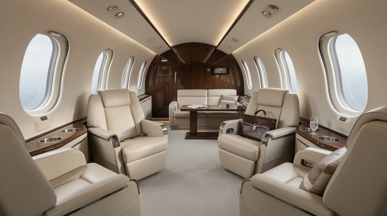 The image depicts an elegant executive jet cabin featuring comfortable seating zones and soft ambient lighting, designed for a smooth and enjoyable journey. This luxurious environment is ideal for business travelers looking to experience private jet travel on transatlantic flights.