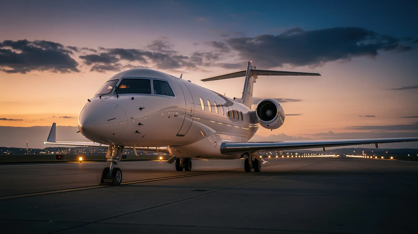 A private jet aircraft is parked on a runway at dusk, with the fading light casting a serene atmosphere around the sleek jet. The scene captures the essence of aviation, highlighting the luxury and efficiency of modern jet planes.