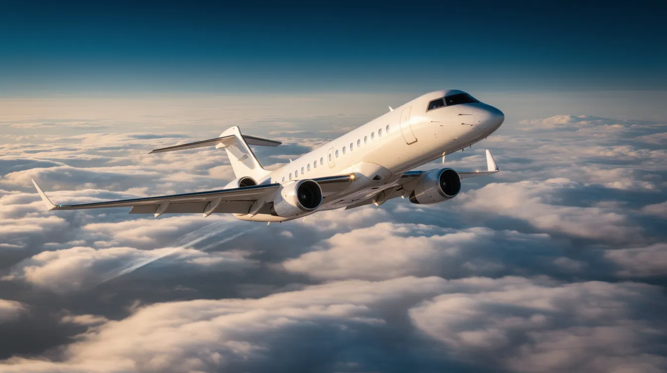 A business jet aircraft is climbing above the clouds, showcasing its sleek design and powerful jet engines as it ascends into the clear blue sky. This scene highlights the capabilities of modern aviation, allowing passengers to fly faster and reach new altitudes efficiently.
