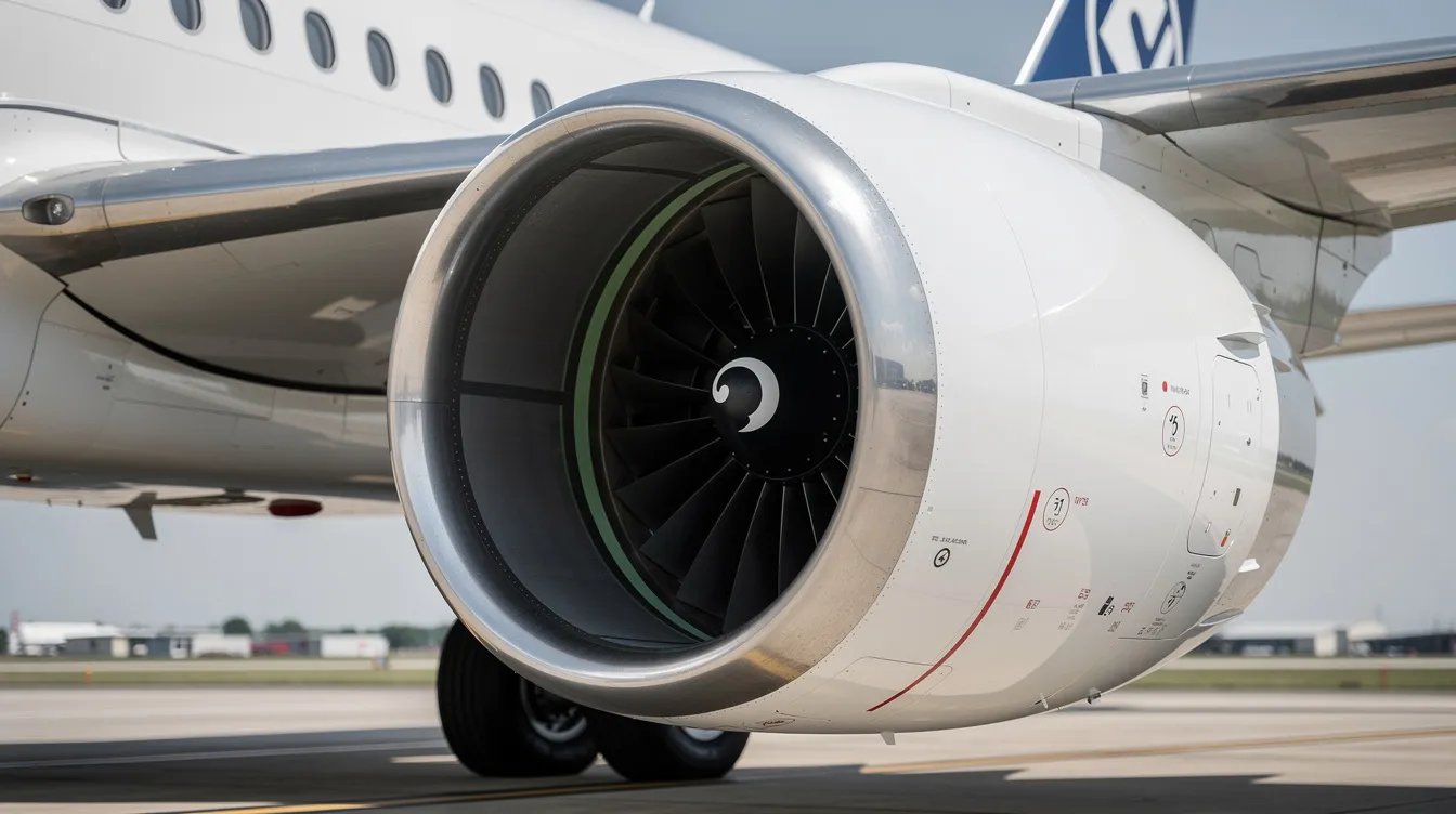 The image features a close-up view of a modern turbofan nacelle, showcasing its sleek design and engineering details that are essential for jet aircraft performance. This component is crucial for efficient propulsion in jet engines, contributing to advancements in aviation technology and supersonic flight capabilities.
