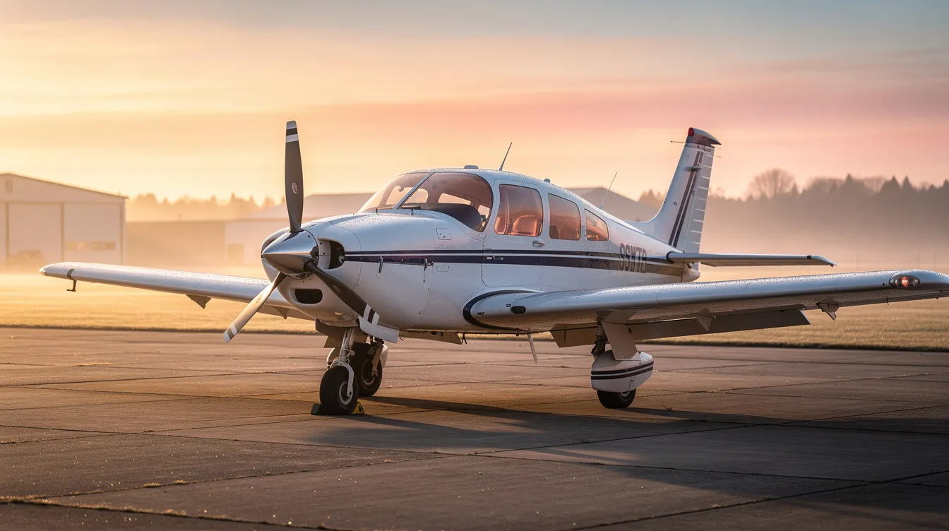 A small single-engine airplane is parked on a quiet ramp, bathed in the soft light of sunrise, showcasing its sleek design and propeller. This aircraft for sale offers potential buyers a unique opportunity to explore the world of aviation, highlighting the importance of pre-purchase inspections and maintenance for future owners.