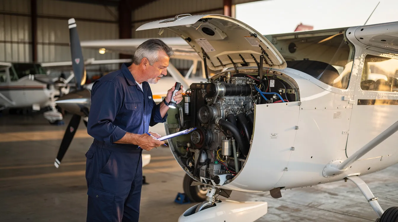 A mechanic is inspecting the engine compartment of a small piston airplane, focusing on the details to ensure compliance with maintenance requirements during a pre-purchase inspection. The scene highlights the careful examination essential for aircraft sales, assisting potential buyers in making informed decisions about their future aircraft.