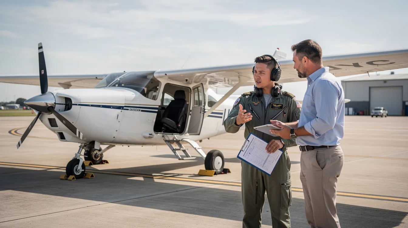 A pilot and an advisor are inspecting a small airplane on the airport ramp, focusing on the aircraft's condition and performance as part of a pre-purchase inspection for potential buyers. The scene highlights their teamwork in ensuring the aircraft for sale meets all necessary requirements and compliance standards.