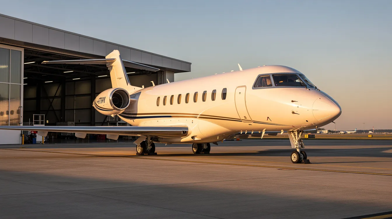 A large private jet is parked next to a hangar, showcasing its sleek design and spacious cabin. This private aircraft represents the luxury of private jet travel, often associated with significant costs for ownership and maintenance.