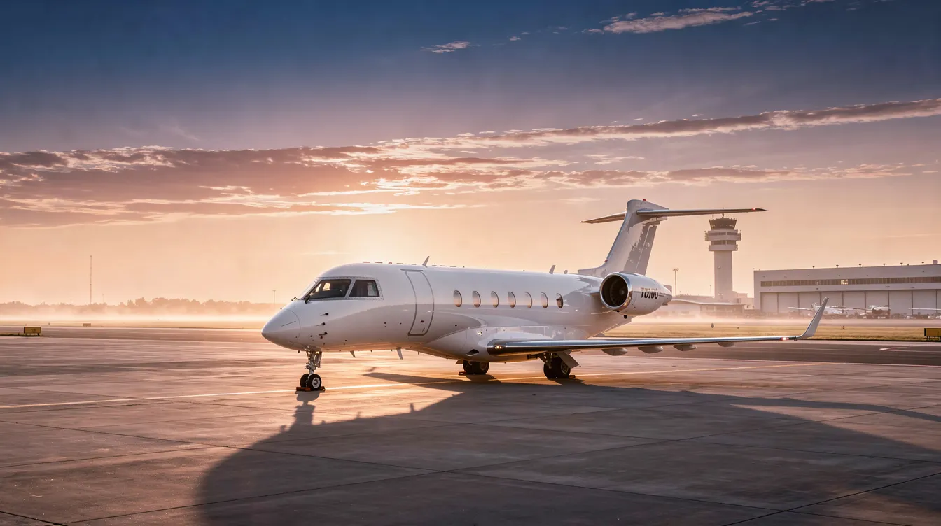 A sleek private jet is parked on a quiet ramp, bathed in the warm glow of the sunrise. The tranquil setting highlights the luxury of private flight, showcasing the jet's elegant design against the soft morning light.