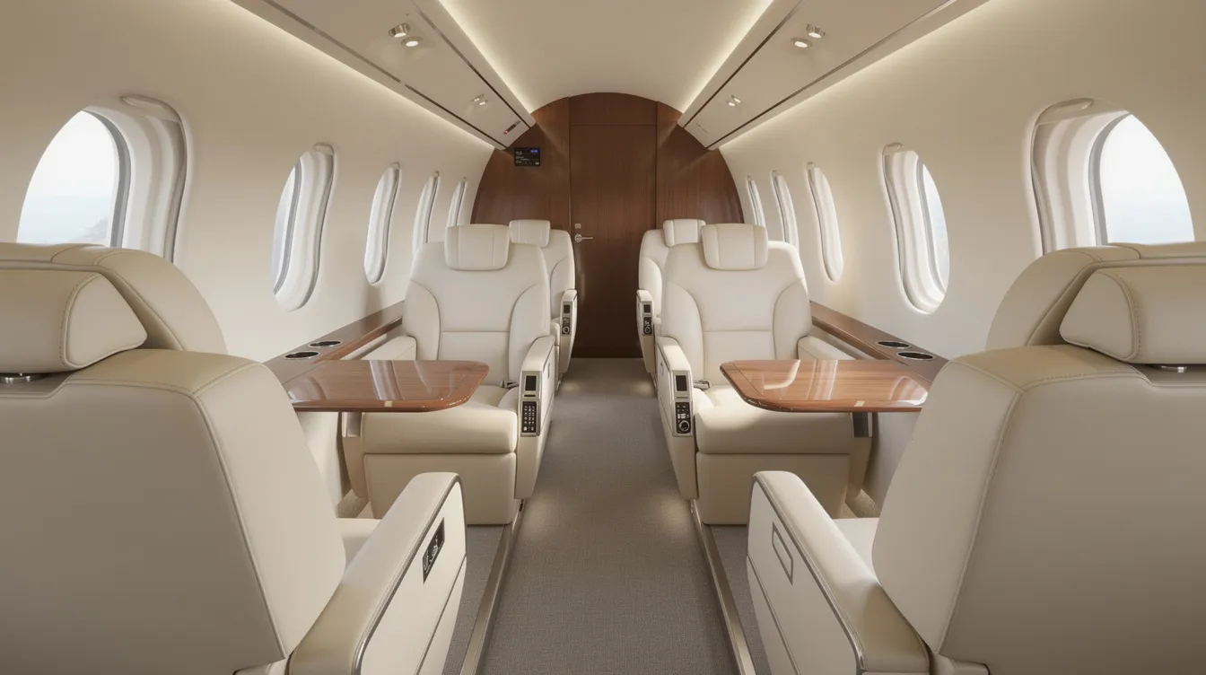 The image depicts the cabin of a compact business jet, featuring luxurious leather seating and large windows that offer ample natural light. This interior design reflects the comfort and elegance associated with private jet travel, ideal for those seeking a premium flying experience in the private aviation market.