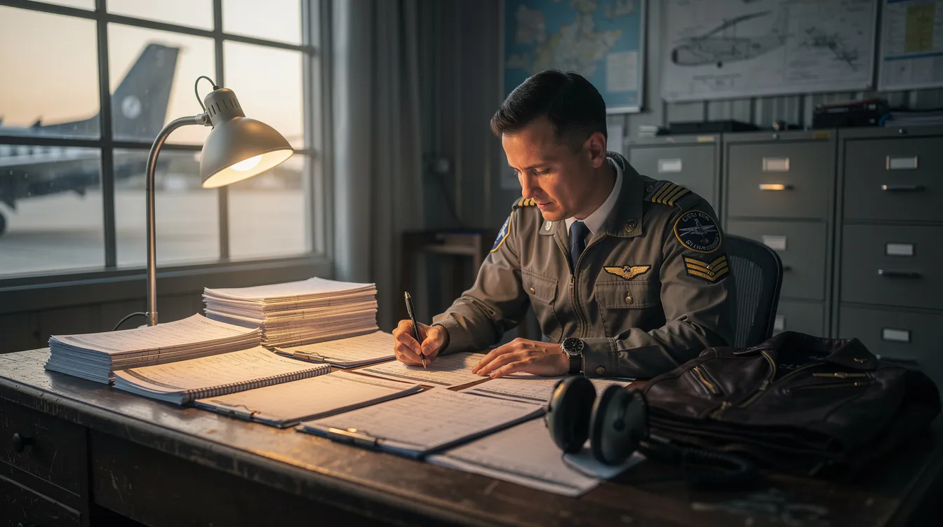 In a quiet hangar office, a pilot is meticulously reviewing aircraft documents, likely assessing the details for a private jet charter. The serene environment suggests a focus on private aviation, highlighting the importance of careful planning in the world of aircraft availability and flight hours.