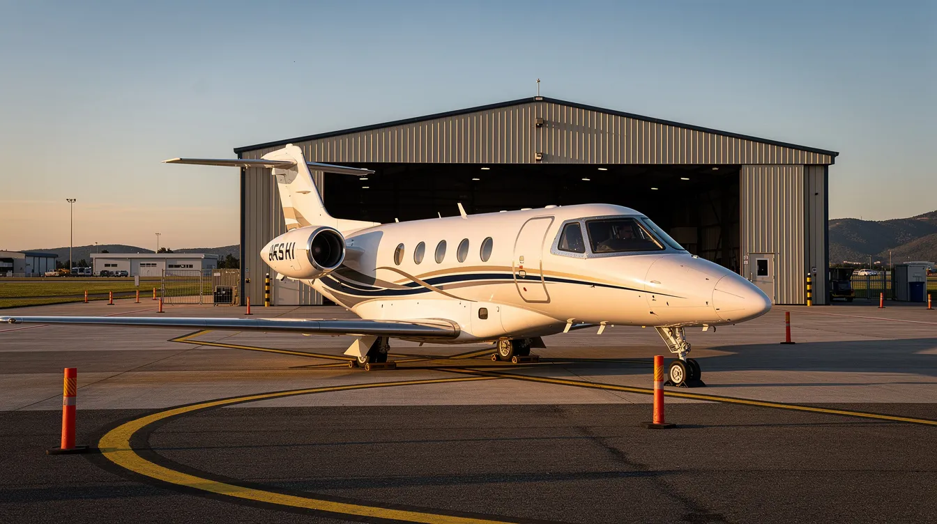 A small private jet is parked outside a hangar at a regional airport, showcasing the sleek design typical of light jets used for private aviation. This scene highlights the convenience of private jet travel, offering an alternative to commercial flights for frequent flyers.