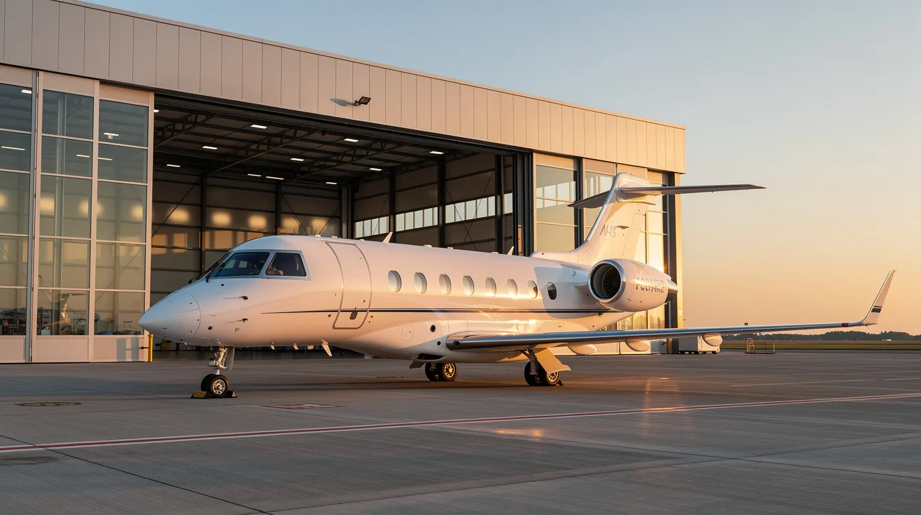 The image shows a sleek private jet parked outside a modern hangar, highlighting the luxury of private aircraft ownership. This scene captures the essence of private jet travel, showcasing the investment and maintenance costs associated with owning a private jet.