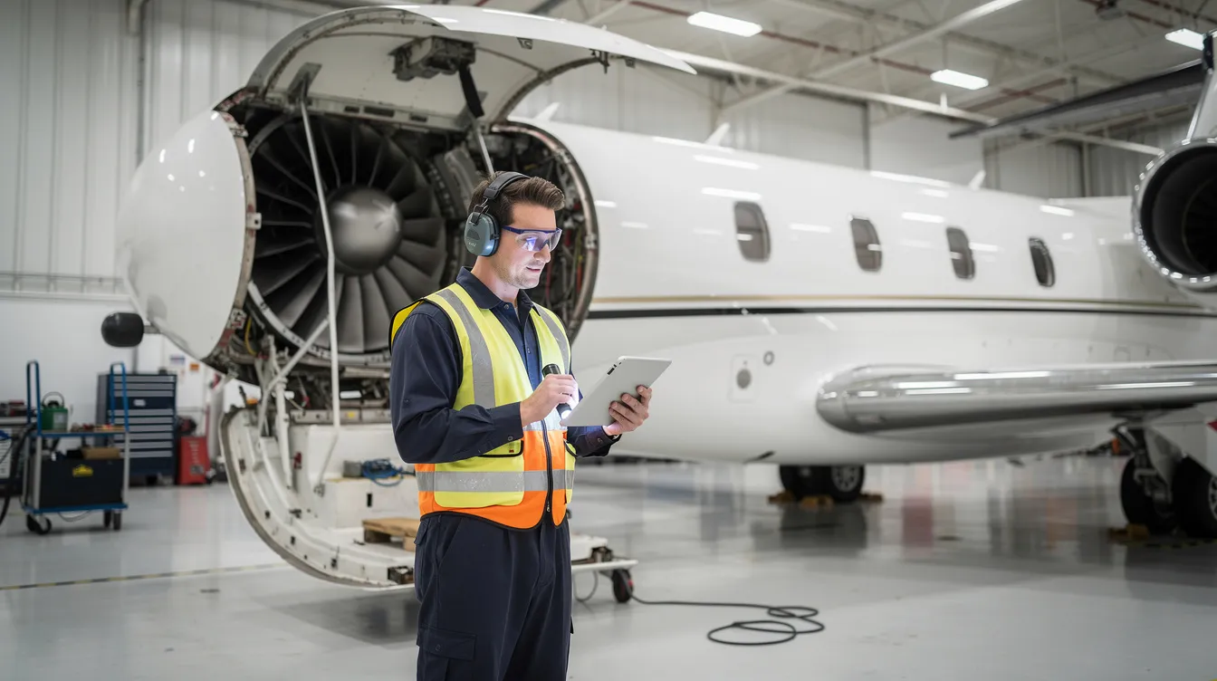 An aircraft technician is closely inspecting the engine of a business jet, ensuring it meets safety and performance standards. This routine maintenance is essential for private jet owners to manage ongoing costs and ensure reliable private jet travel.