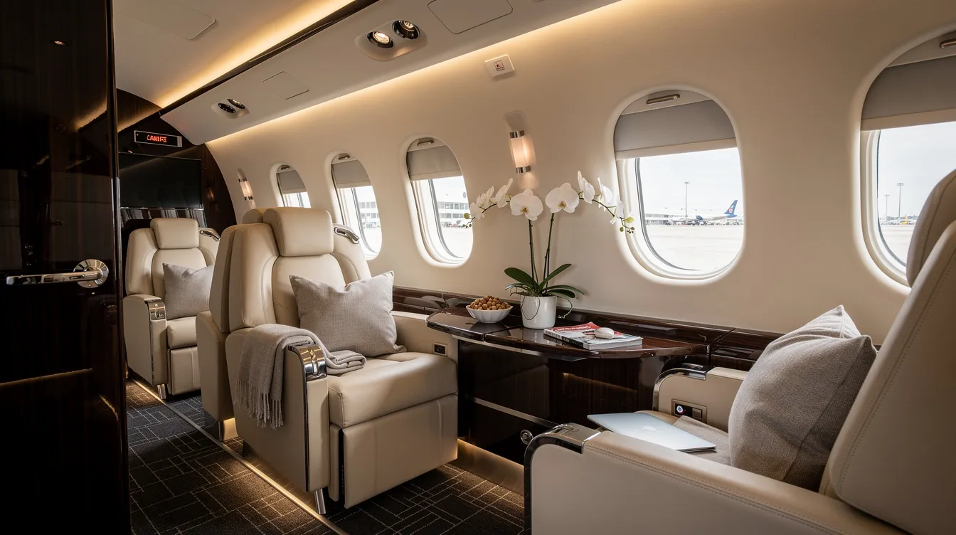 The image depicts a luxurious business jet cabin, meticulously prepared for passenger boarding, showcasing plush seating, elegant finishes, and ample space for comfort. This setting reflects the high standards of private jet ownership, where the initial purchase price and ongoing costs, including maintenance and operational expenses, are significant factors for private jet owners.