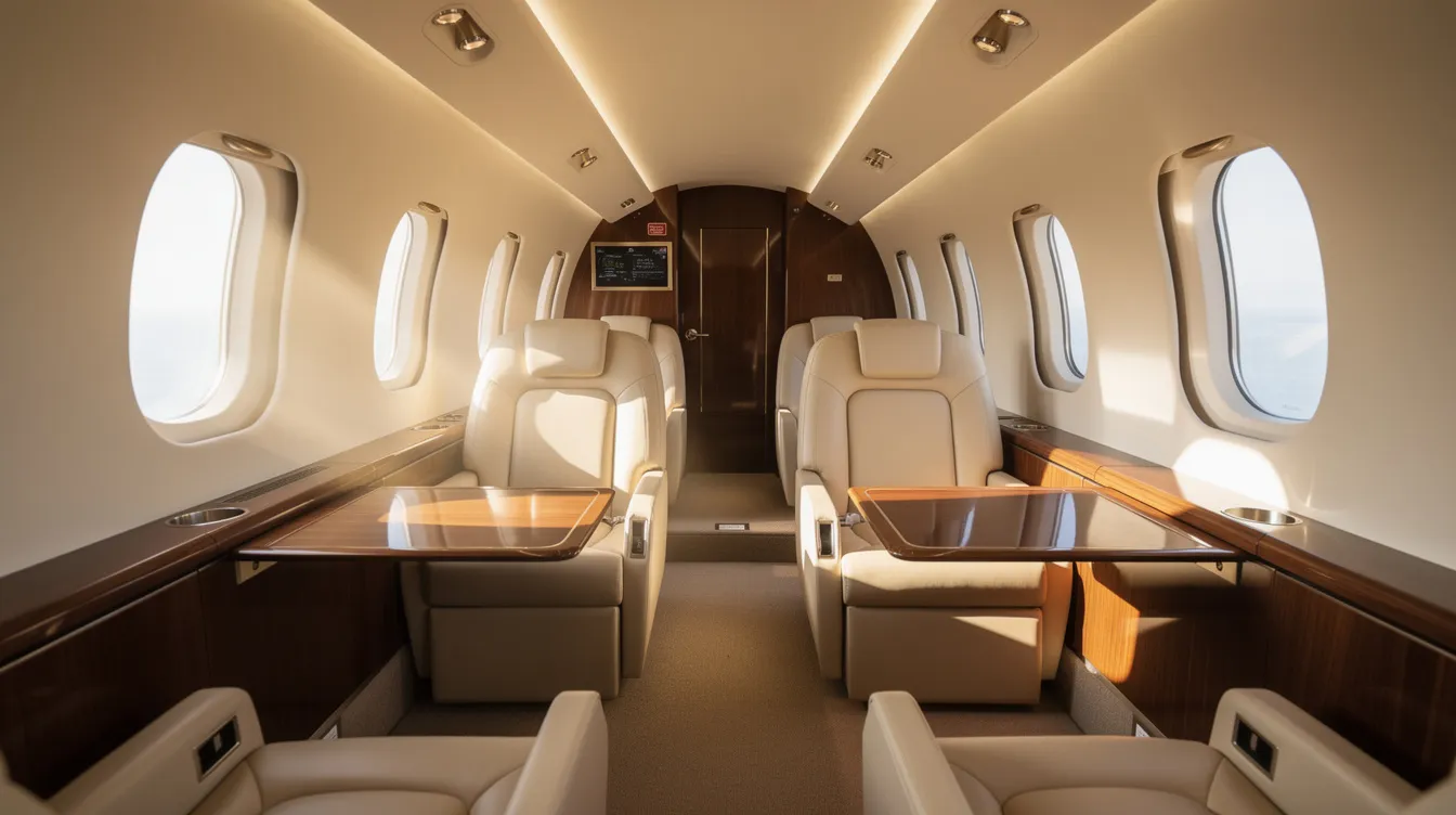 The image showcases a luxurious private jet cabin featuring wide, plush seats bathed in soft natural light, creating an inviting atmosphere for passengers. This elegant space highlights the comfort and sophistication associated with aircraft ownership and the exclusive experience of private jet travel.