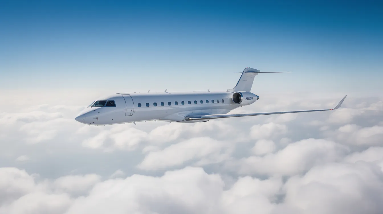 A sleek private jet soars gracefully above a sea of fluffy white clouds against a backdrop of a clear blue sky, symbolizing the luxury and freedom of private jet travel. This image captures the essence of private aviation, appealing to business travelers and those seeking personalized service in their journey.