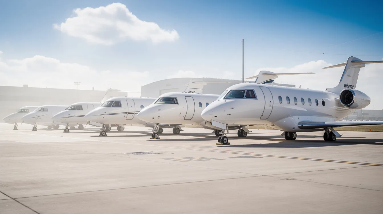 A row of diverse private jets of varying sizes is parked on a sunlit airport ramp, showcasing the options available for private jet travel. This scene highlights the accessibility and efficiency of private jet charter services for business travelers seeking personalized service and flexible scheduling.