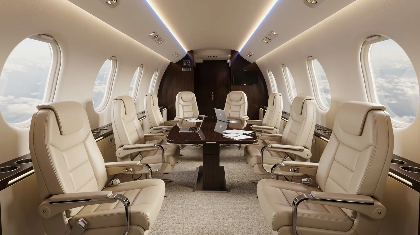 The image shows the interior of a spacious large-cabin business jet, featuring luxurious leather seats arranged around a conference table, complemented by soft ambient lighting that enhances the elegant atmosphere, ideal for private jet travelers seeking comfort and efficiency during their flights.