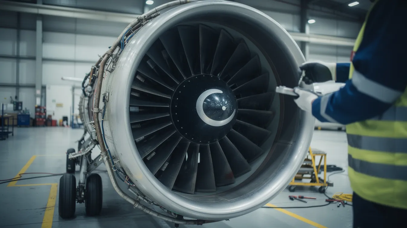 The image shows a close-up view of an aircraft turbine engine being inspected on a hangar floor, highlighting the intricate details and components essential for private jet travel. This maintenance process is crucial for ensuring the safety and performance of private jets, emphasizing the importance of aircraft availability and expert aviation services.