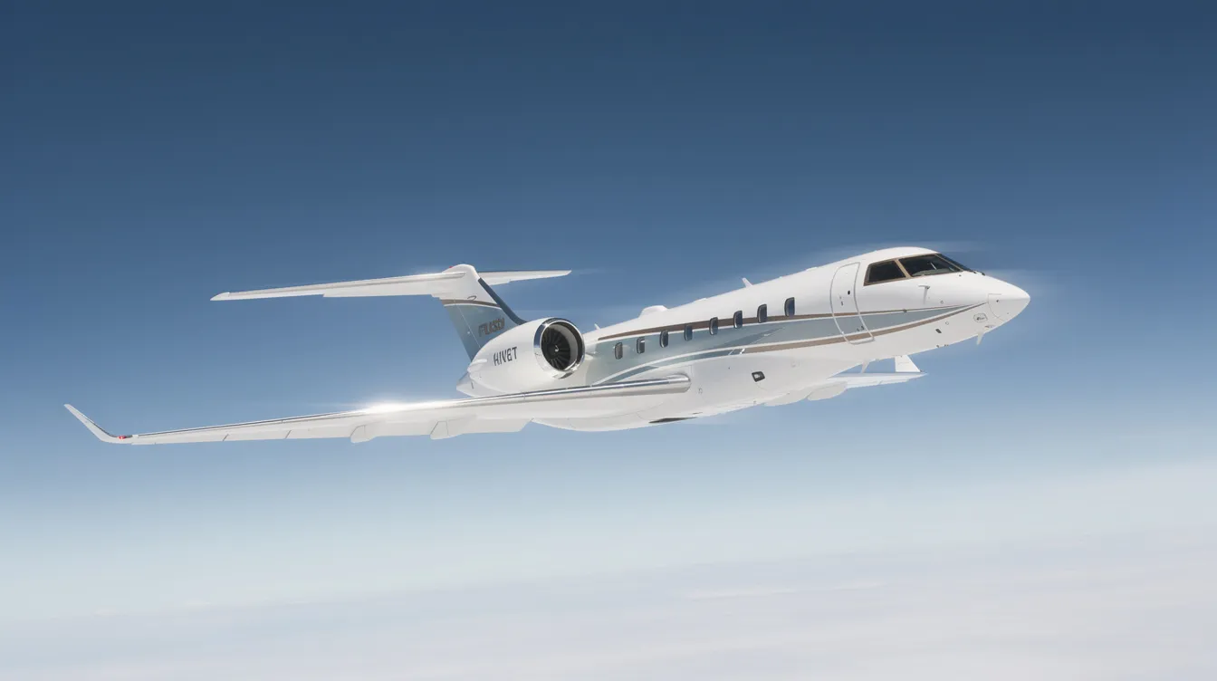 A sleek modern private jet soars through a clear blue sky, showcasing the luxury of private aviation and the convenience of private jet travel. The aircraft's tail number is visible, emphasizing its status in the world of private flights and charter services.
